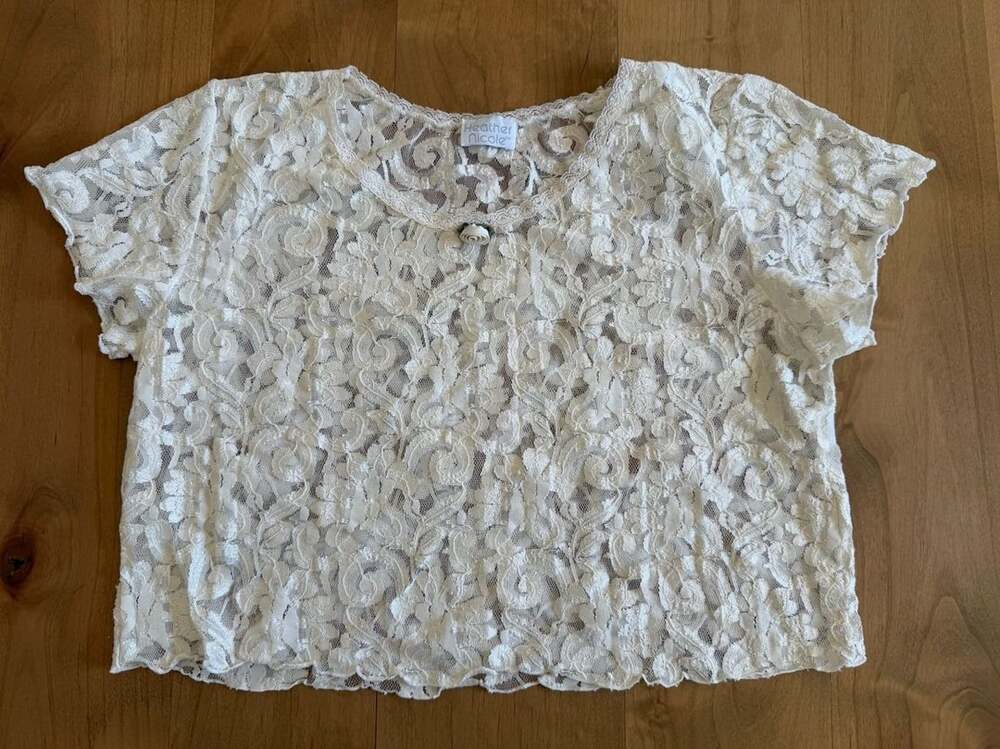 Heather Nicole Lace Floral Short Sleeve Crop Top White